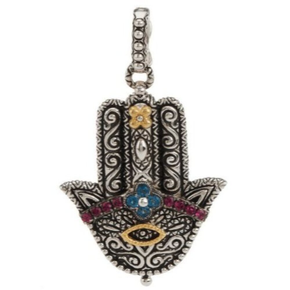 Barbara Bixby Sterling 925 18K Gemstone Hamsa Enhancer London Blue Topaz Garnet - Picture 2 of 5
